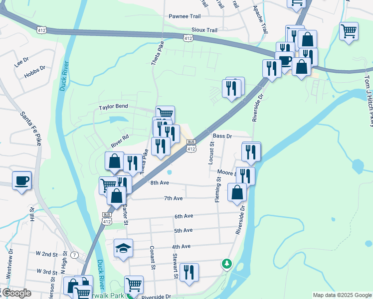 map of restaurants, bars, coffee shops, grocery stores, and more near U.S. Highway 31 in Columbia