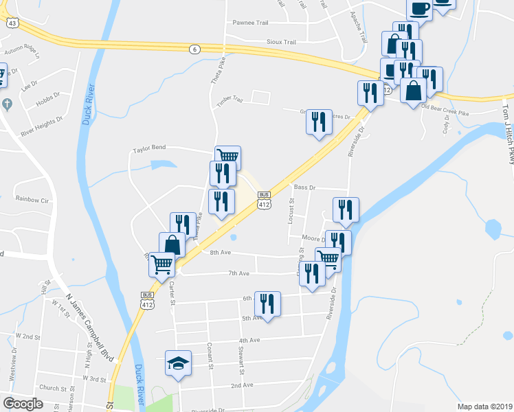 map of restaurants, bars, coffee shops, grocery stores, and more near U.S. 31 in Columbia