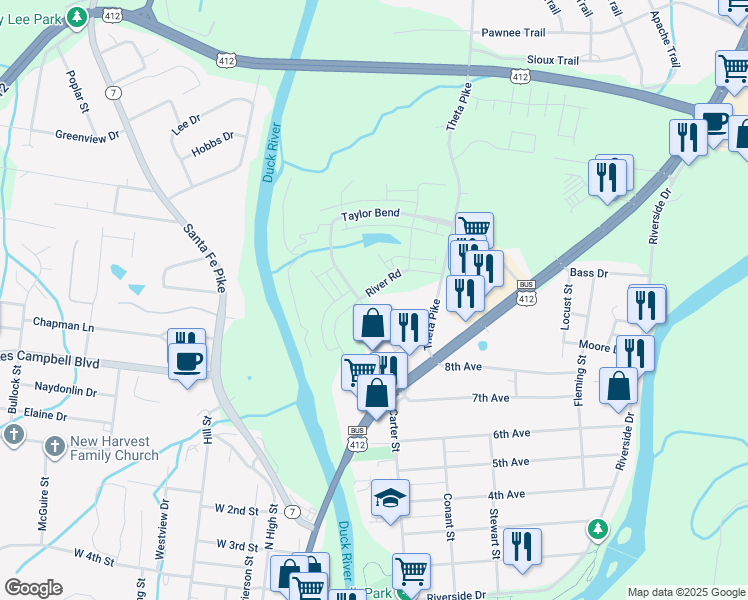 map of restaurants, bars, coffee shops, grocery stores, and more near 304 River Rd in Columbia