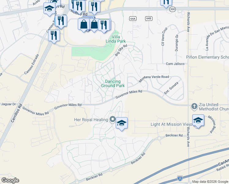 map of restaurants, bars, coffee shops, grocery stores, and more near 4337 Dancing Ground Road in Santa Fe