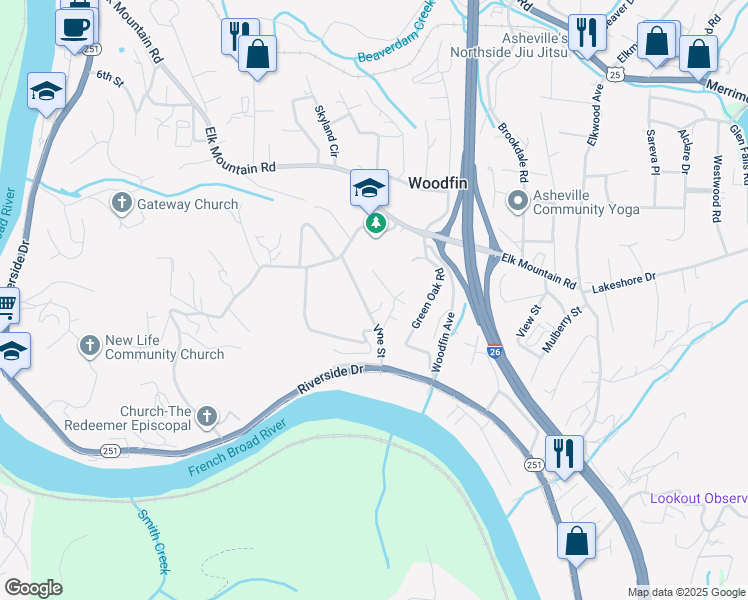 map of restaurants, bars, coffee shops, grocery stores, and more near 39 Vine Street in Woodfin