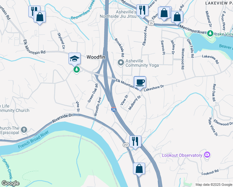 map of restaurants, bars, coffee shops, grocery stores, and more near 99999 Rosecrest Court in Asheville