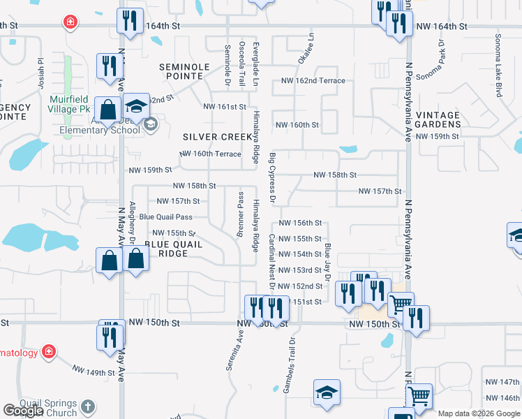 map of restaurants, bars, coffee shops, grocery stores, and more near 15704 Himalaya Ridge in Edmond