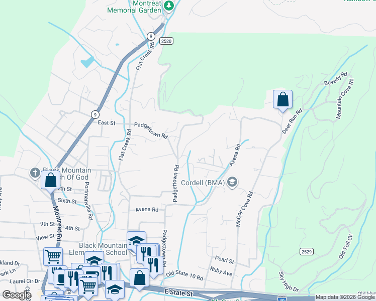 map of restaurants, bars, coffee shops, grocery stores, and more near 522 Brandon Road in Black Mountain
