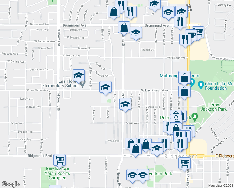 map of restaurants, bars, coffee shops, grocery stores, and more near 432 Peg Street in Ridgecrest