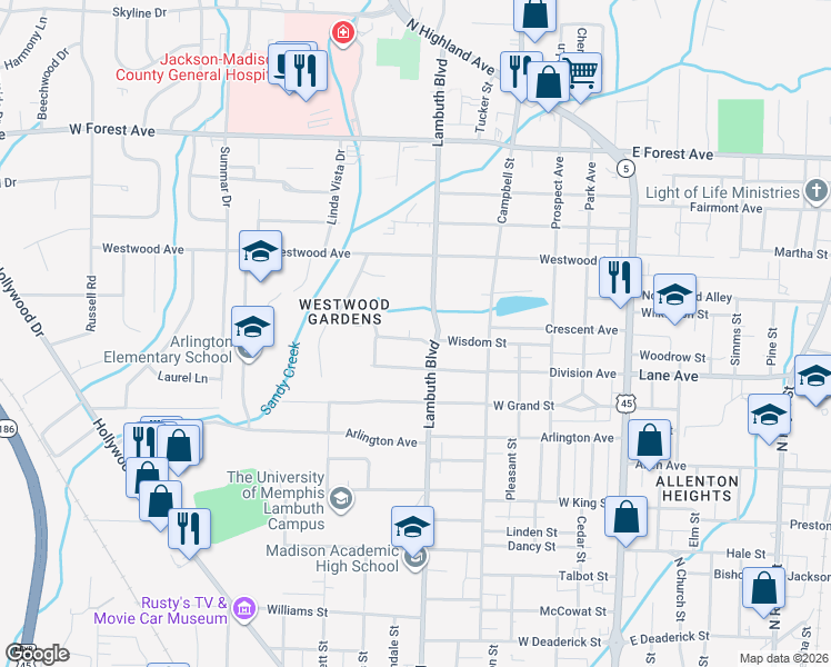 map of restaurants, bars, coffee shops, grocery stores, and more near 517 Wisdom Street in Jackson