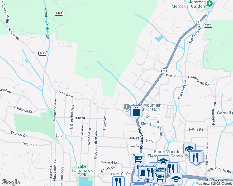 map of restaurants, bars, coffee shops, grocery stores, and more near 360 Genesis Circle in Black Mountain