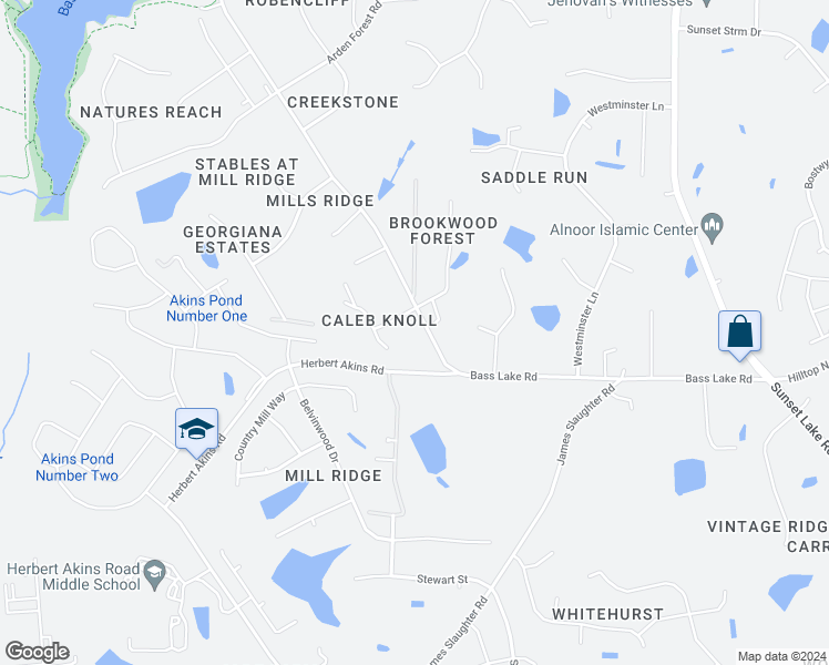 map of restaurants, bars, coffee shops, grocery stores, and more near 1512 Bass Lake Road in Holly Springs