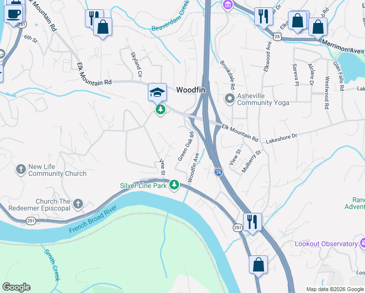 map of restaurants, bars, coffee shops, grocery stores, and more near 31 Green Oak Road in Woodfin