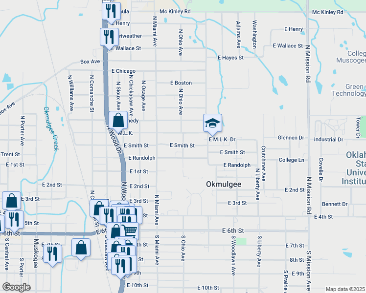 map of restaurants, bars, coffee shops, grocery stores, and more near 1300 East Smith Street in Okmulgee