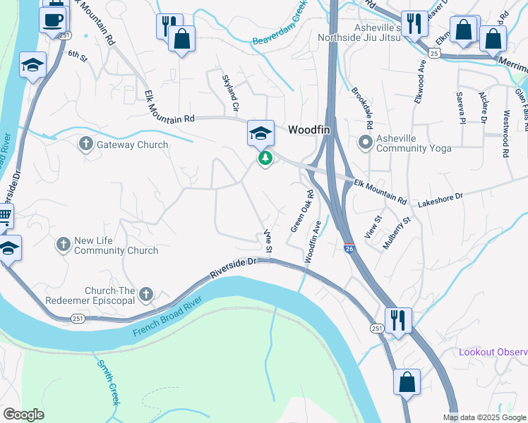 map of restaurants, bars, coffee shops, grocery stores, and more near 39 Vine Street in Woodfin