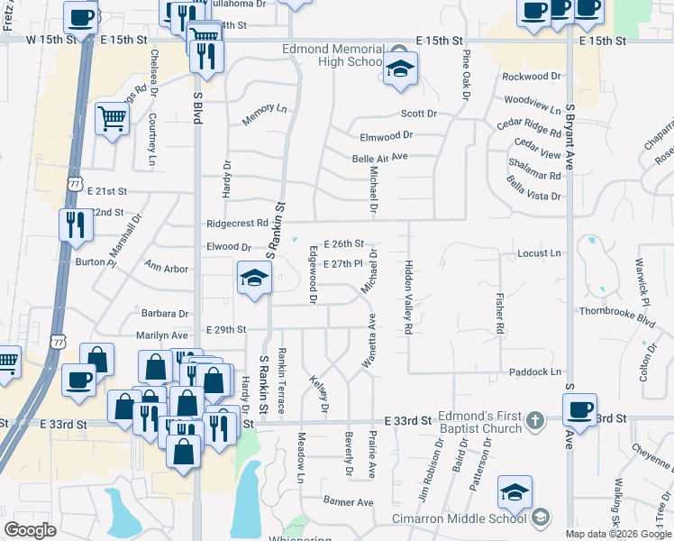 map of restaurants, bars, coffee shops, grocery stores, and more near 630 E 27th Pl in Edmond