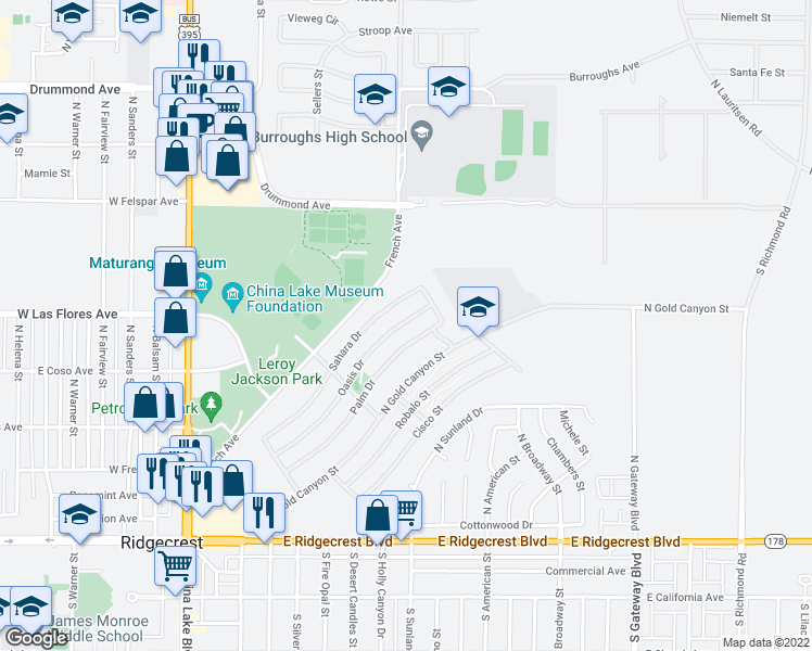 map of restaurants, bars, coffee shops, grocery stores, and more near 512 Oasis Drive in Ridgecrest