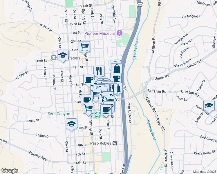 map of restaurants, bars, coffee shops, grocery stores, and more near 1430 Railroad Street in Paso Robles