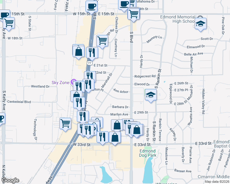map of restaurants, bars, coffee shops, grocery stores, and more near 108 Ann Arbor in Edmond