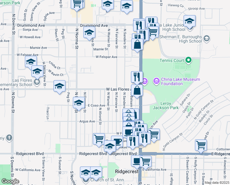 map of restaurants, bars, coffee shops, grocery stores, and more near 433 North Fairview Street in Ridgecrest