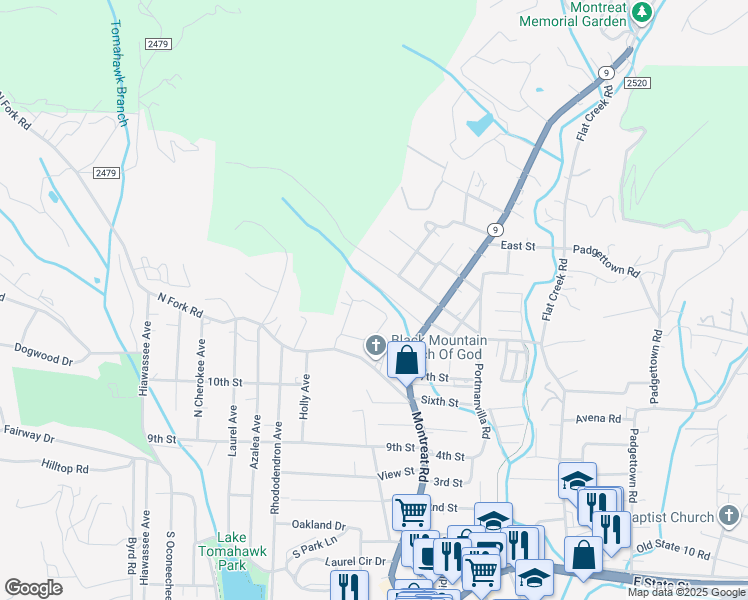 map of restaurants, bars, coffee shops, grocery stores, and more near 344 Genesis Circle in Black Mountain