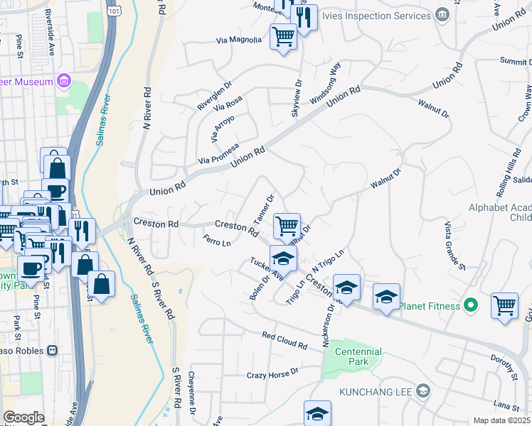 map of restaurants, bars, coffee shops, grocery stores, and more near 724 Tanner Drive in Paso Robles