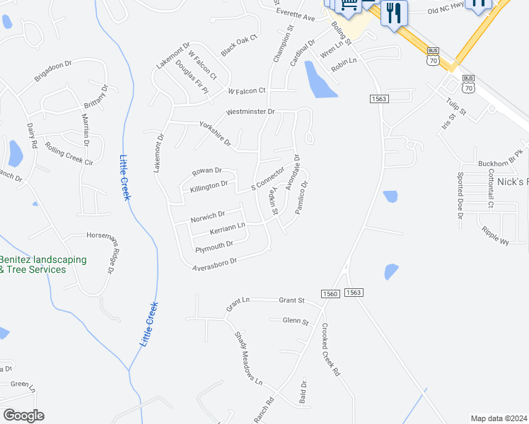 map of restaurants, bars, coffee shops, grocery stores, and more near 99 Averasboro Drive in Clayton