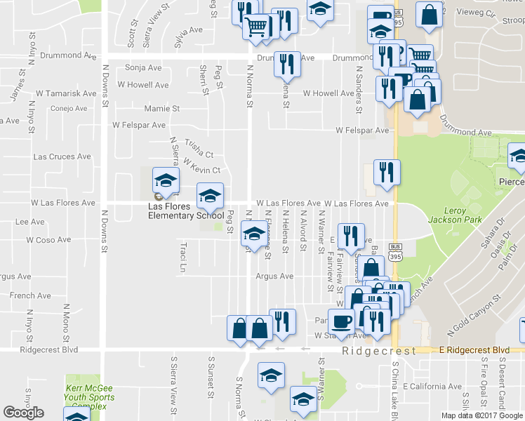 map of restaurants, bars, coffee shops, grocery stores, and more near 433 North Florence Street in Ridgecrest