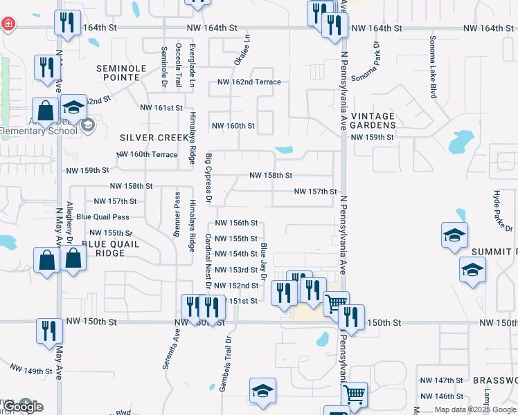 map of restaurants, bars, coffee shops, grocery stores, and more near 2312 Northwest 157th Terrace in Edmond
