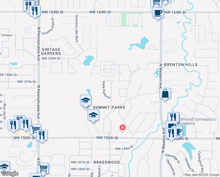 map of restaurants, bars, coffee shops, grocery stores, and more near 15621 Summit Parke Drive in Edmond