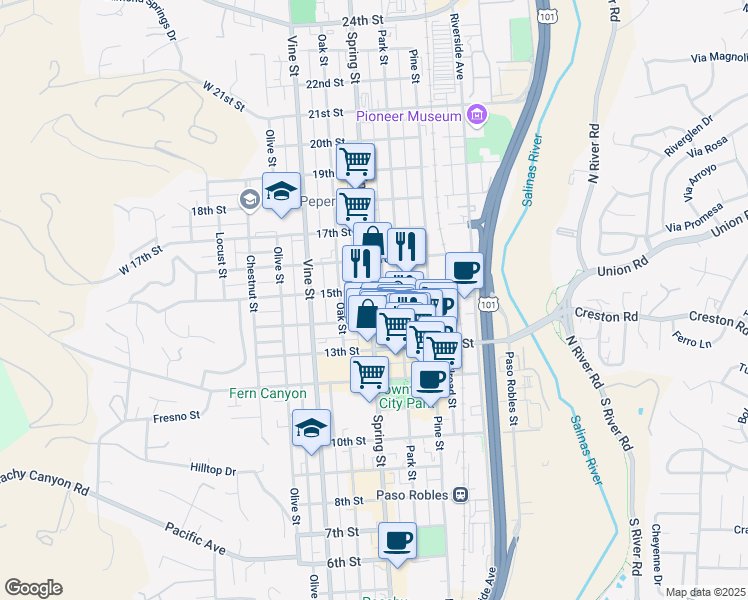 map of restaurants, bars, coffee shops, grocery stores, and more near 1422 Spring Street in Paso Robles