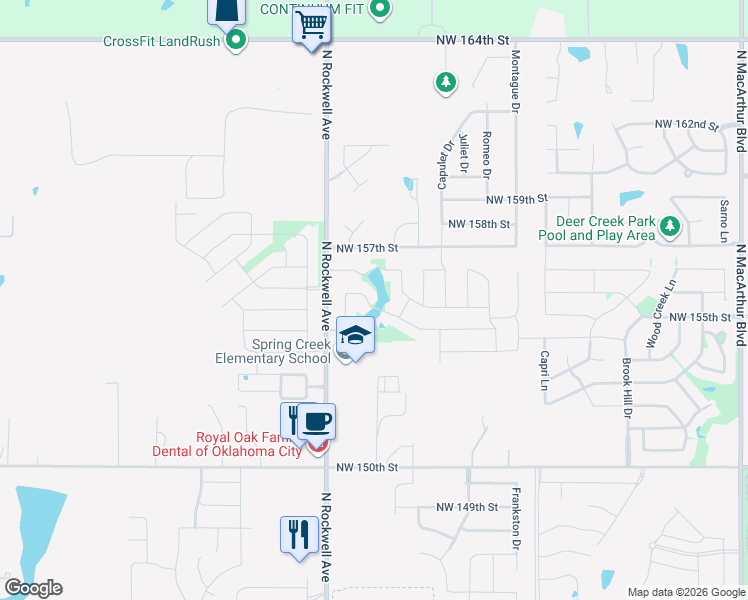 map of restaurants, bars, coffee shops, grocery stores, and more near 6913 Northwest 155th Street in Edmond