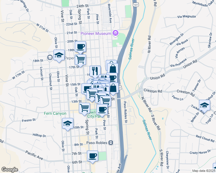 map of restaurants, bars, coffee shops, grocery stores, and more near 1430 Railroad Street in Paso Robles