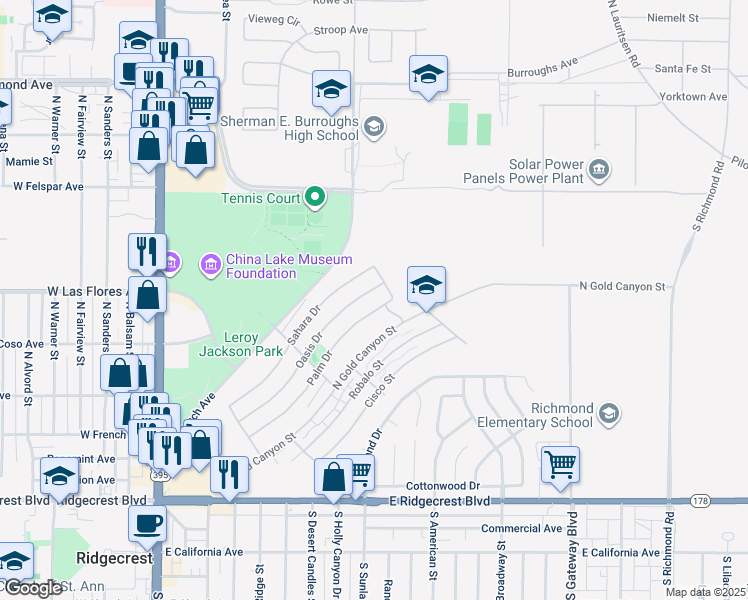 map of restaurants, bars, coffee shops, grocery stores, and more near 517 Palm Drive in Ridgecrest