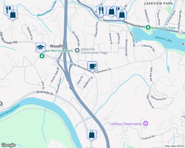 map of restaurants, bars, coffee shops, grocery stores, and more near 126 Elkwood Avenue in Woodfin
