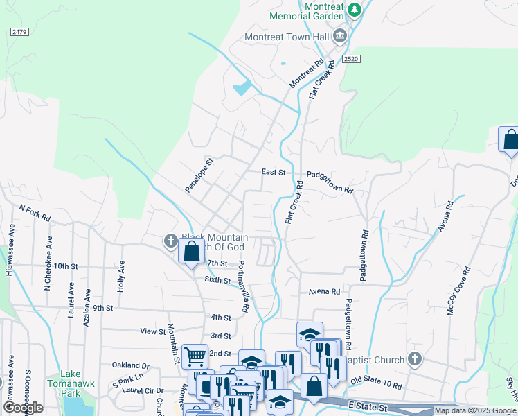 map of restaurants, bars, coffee shops, grocery stores, and more near 26 Village Parkway in Black Mountain