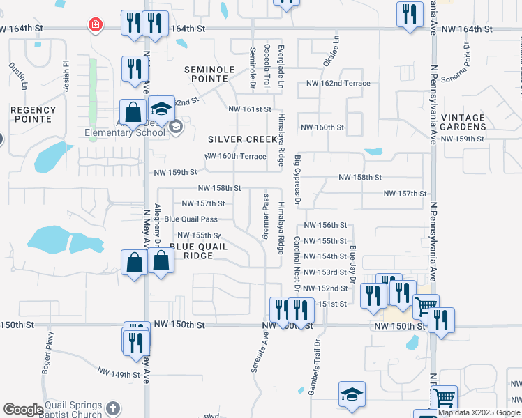 map of restaurants, bars, coffee shops, grocery stores, and more near 15713 Brenner Pass in Edmond