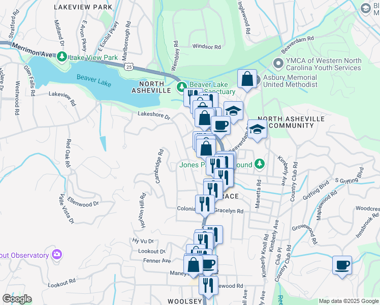 map of restaurants, bars, coffee shops, grocery stores, and more near 105 Lakeshore Dr in Asheville