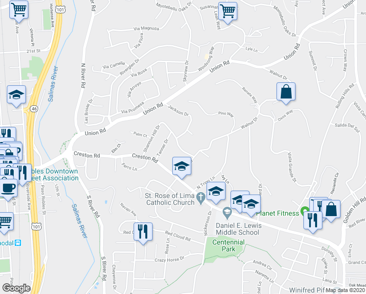 map of restaurants, bars, coffee shops, grocery stores, and more near 629 Shannon Hill Drive in Paso Robles