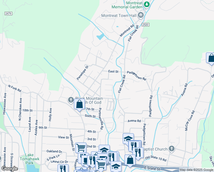 map of restaurants, bars, coffee shops, grocery stores, and more near 26 Village Parkway in Black Mountain
