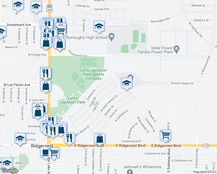map of restaurants, bars, coffee shops, grocery stores, and more near 516 Oasis Drive in Ridgecrest