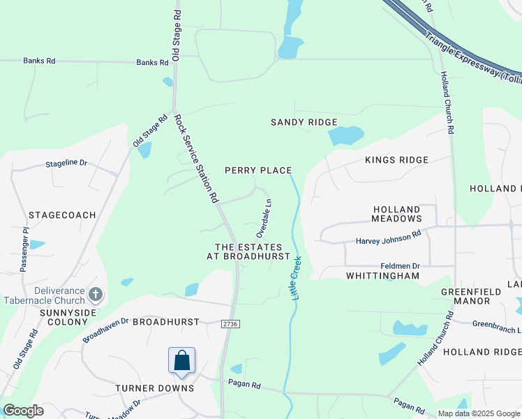 map of restaurants, bars, coffee shops, grocery stores, and more near 5421 Overdale Lane in Raleigh