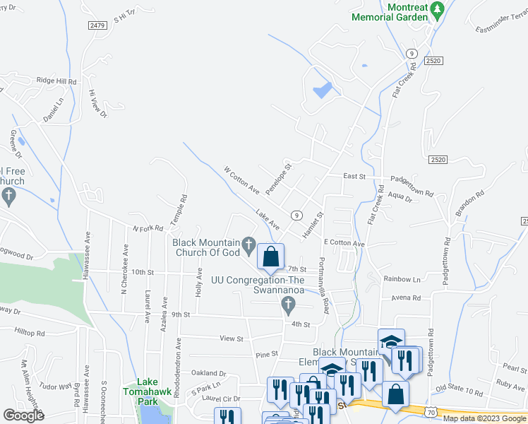 map of restaurants, bars, coffee shops, grocery stores, and more near 17 Lake Avenue in Black Mountain