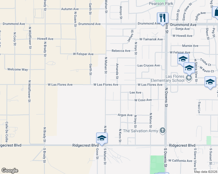map of restaurants, bars, coffee shops, grocery stores, and more near 1241 West Las Flores Avenue in Ridgecrest
