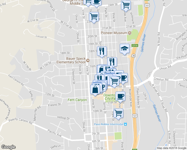 map of restaurants, bars, coffee shops, grocery stores, and more near 1445 Oak Street in Paso Robles