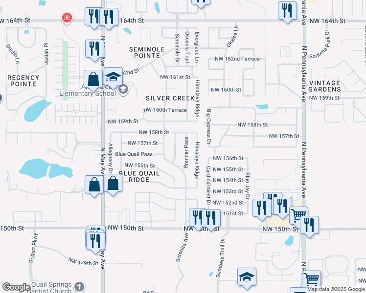 map of restaurants, bars, coffee shops, grocery stores, and more near 15713 Brenner Pass in Edmond