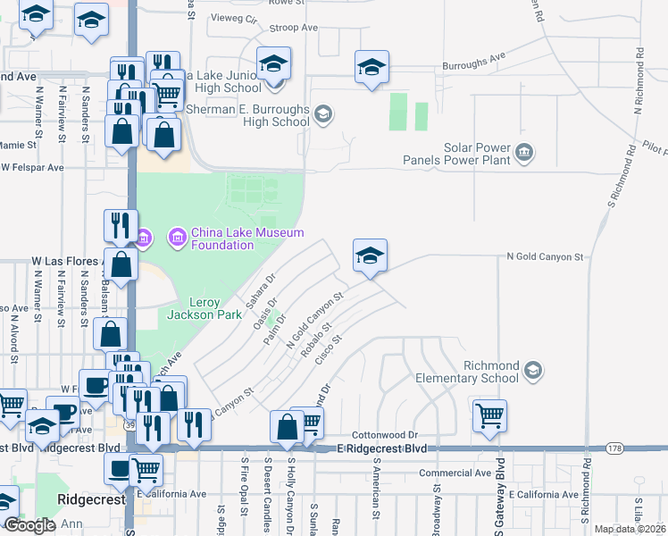 map of restaurants, bars, coffee shops, grocery stores, and more near 533 Palm Drive in Ridgecrest
