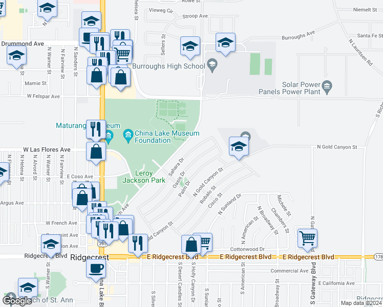 map of restaurants, bars, coffee shops, grocery stores, and more near 452 Sahara Drive in Ridgecrest