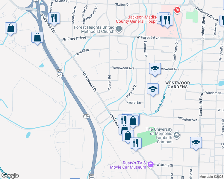 map of restaurants, bars, coffee shops, grocery stores, and more near 40 Russell Road in Jackson