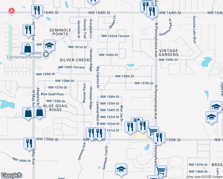 map of restaurants, bars, coffee shops, grocery stores, and more near 2337 Northwest 157th Terrace in Edmond