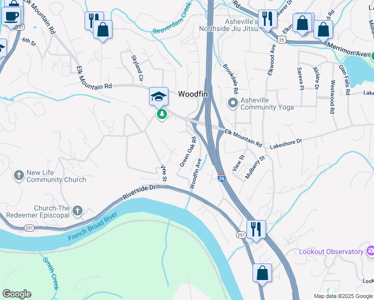 map of restaurants, bars, coffee shops, grocery stores, and more near 31 Green Oak Road in Woodfin
