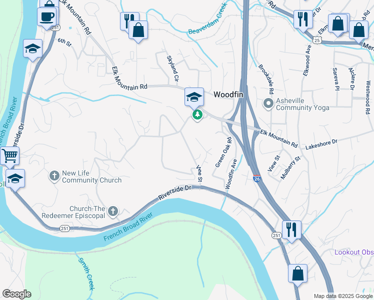 map of restaurants, bars, coffee shops, grocery stores, and more near 52 Vine Street in Woodfin