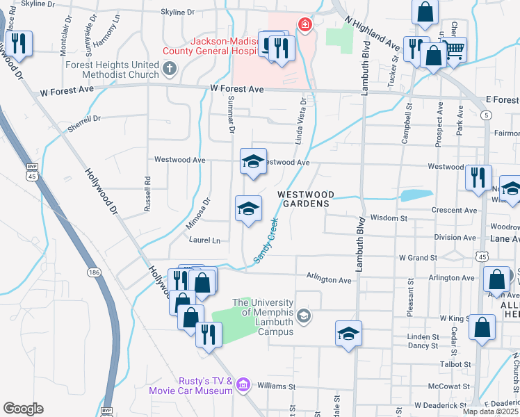 map of restaurants, bars, coffee shops, grocery stores, and more near 716 Westwood Avenue in Jackson