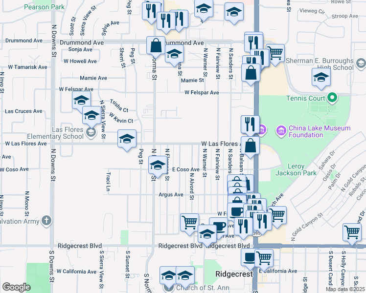 map of restaurants, bars, coffee shops, grocery stores, and more near 436 North Helena Street in Ridgecrest